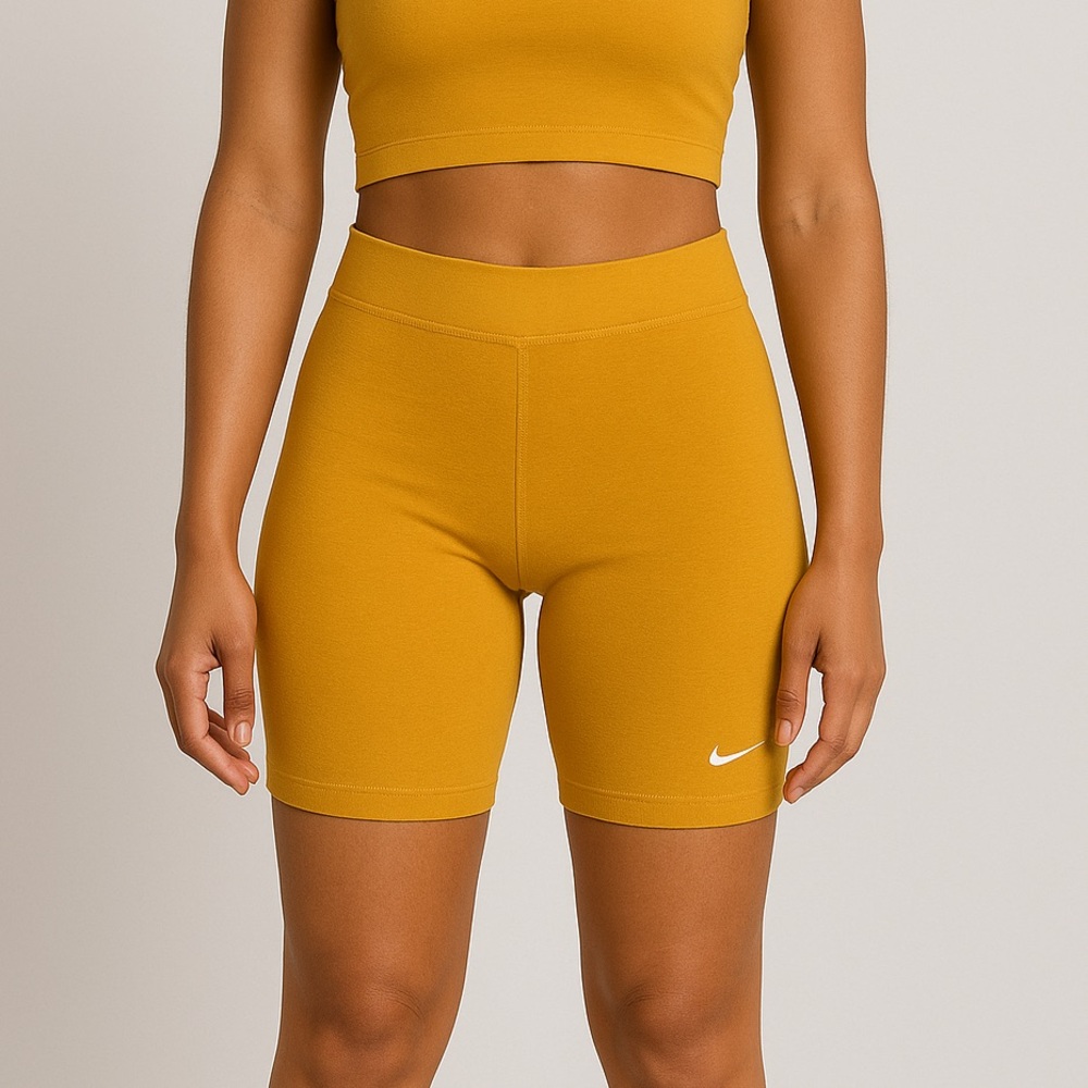 New Nike Tight Fit Mid Rise Short Length Mustard Bike Cotton Blend Shorts